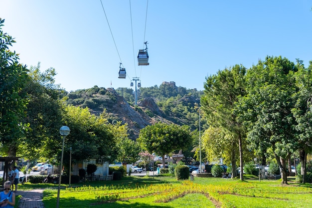 Cable car over Cleopatra beach in Alanya Turkey The cable ride to the top of the castle Alanya