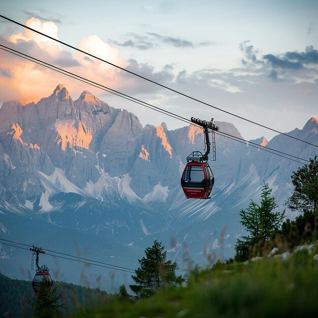 Cable cars to mount in foreground on maoutains lndscape background