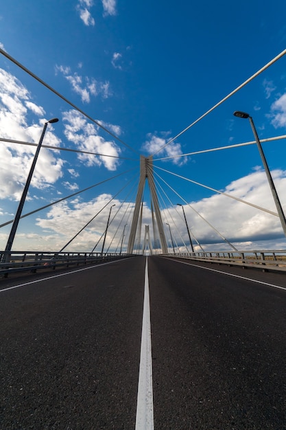 Cable stayed bridge over the Oka river near Murom and Navashino with blue sky