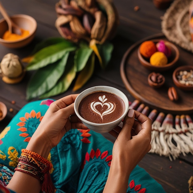 Photo cacao ceremony heart opening medicine ceremony space cacao cup in womans hand