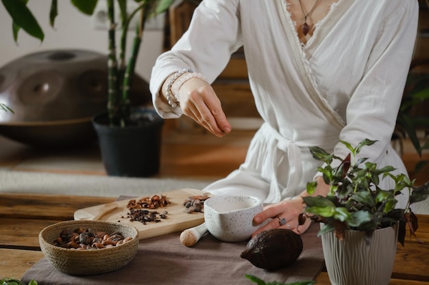 Cacao ceremony heart opening ritual in atmospheric place