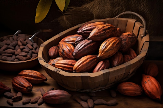 Cacaos on wooden background Fresh Cacao fruits