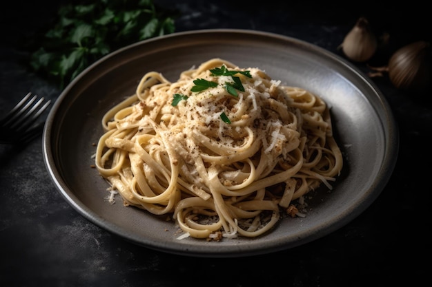 Cacio E Pepe On Black Plate Top View Generative AI