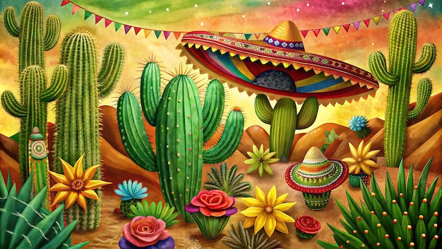 cactus background cactus holidaY flowers flagsCinco de Mayocelebrating mexican