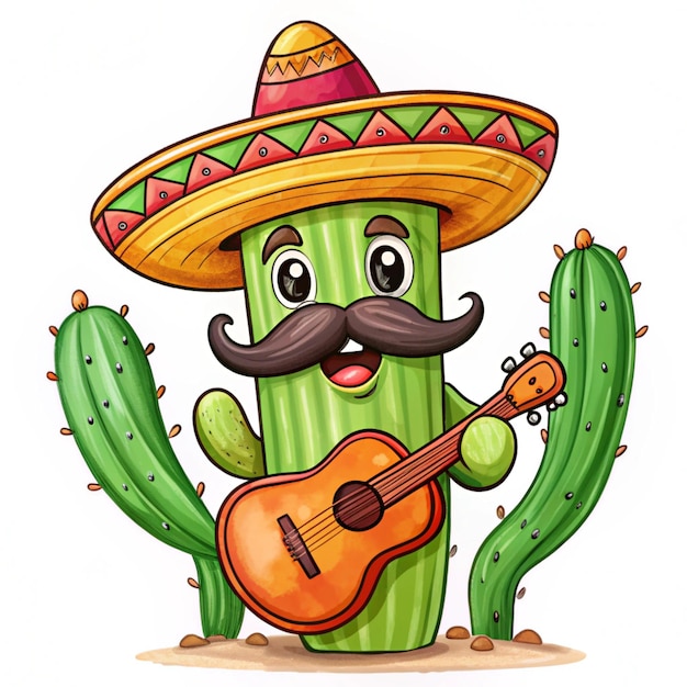 Photo cactus cartoon character with mustache playing guitar hand drawn