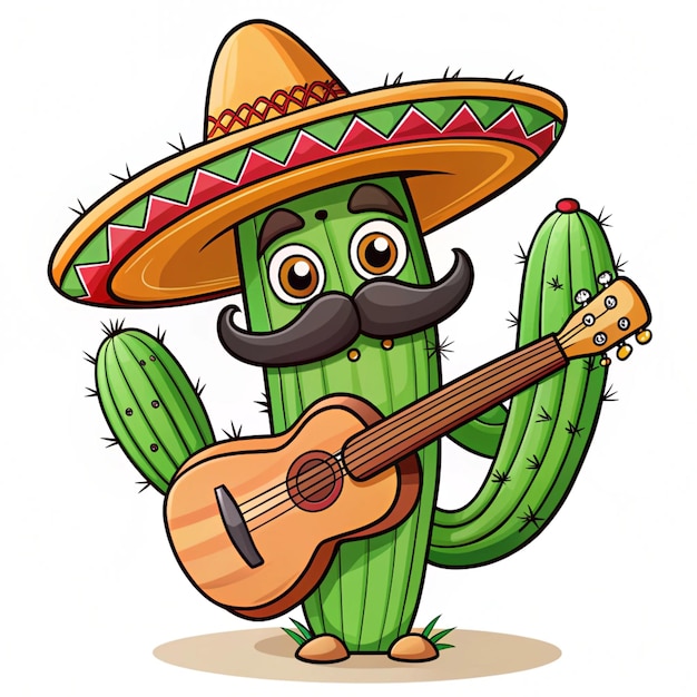 Photo cactus cartoon character with mustache playing guitar hand drawn