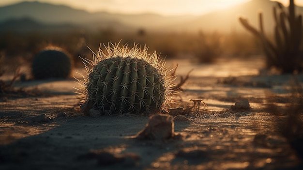 A cactus in the desert at sunset