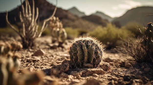 A cactus in the desert with mountains in the background