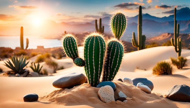 Cactus garden on sand with decorative stones