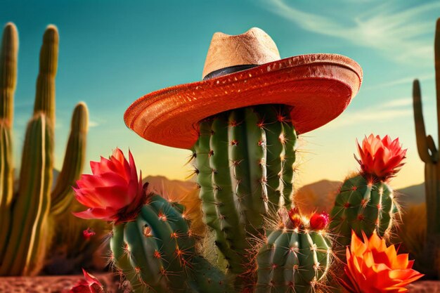 a cactus and a hat are on a shelf with a red wall behind them