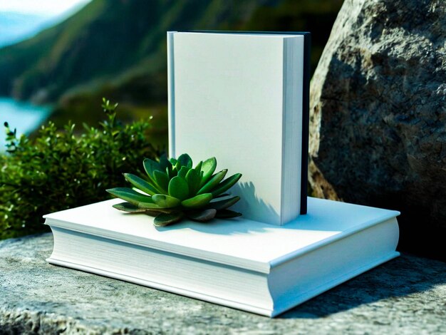 Photo a cactus is sitting on top of a book which is placed on a rock