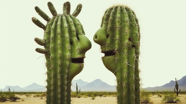 Photo cactus kiss in the form of a human body anthropomorphic cactus with arms and head mexican desert