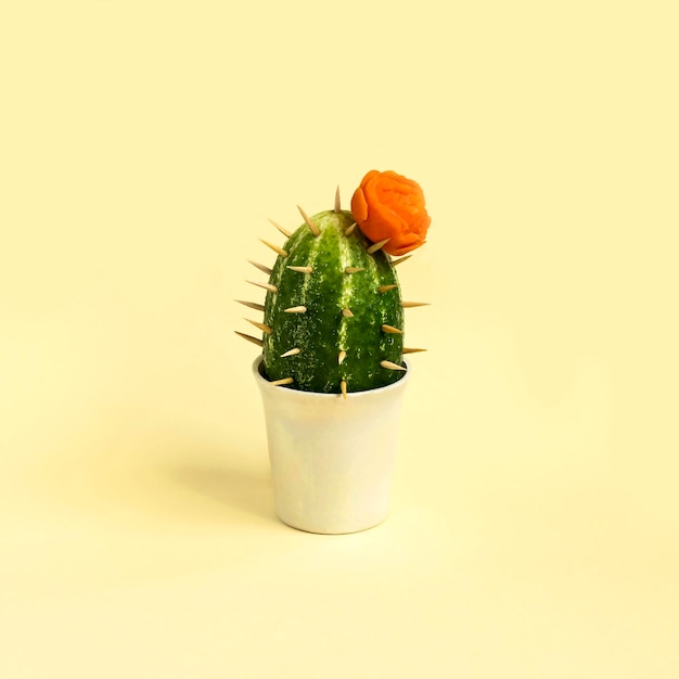 Cactus made from cucumber on pastel yellow background