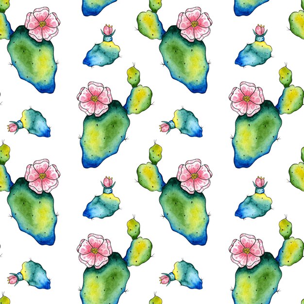 Cactus pattern with watercolor flower