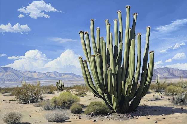 a cactus plant is in a desert with mountains in the background