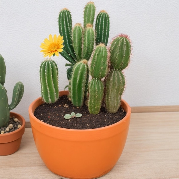 a cactus plant is in a pot with a yellow flower