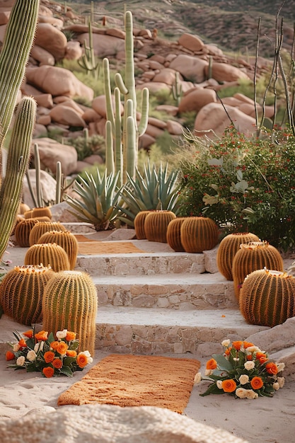 a cactus plant is on the steps of a garden