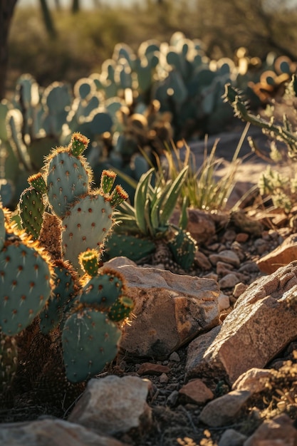 A cactus plant stands tall in the middle of a rocky area This image can be used to depict resilience and survival in harsh environments