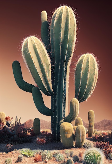 Cactus plant, succulent in the sandy desert, digital illustration