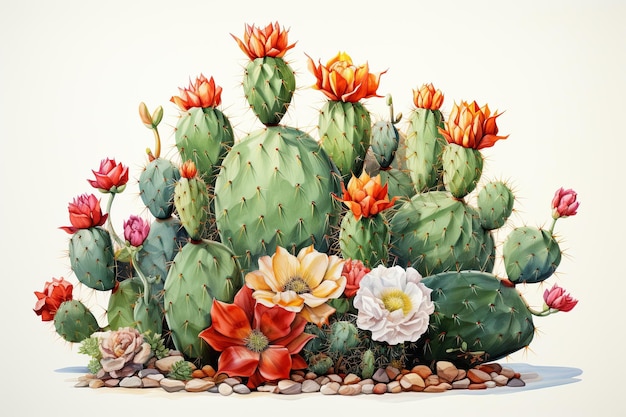 Cactus plant with flowers in the stype of watercolor painting on a white background