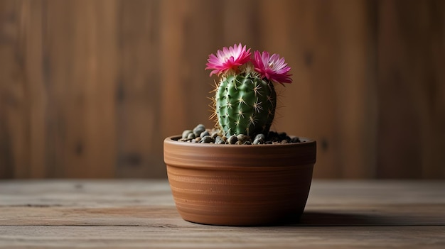 Photo a cactus plant with pink flowers in a pot on a wooden table