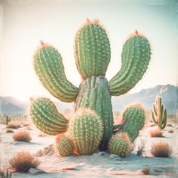 a cactus plant with a sky background with the sun behind it