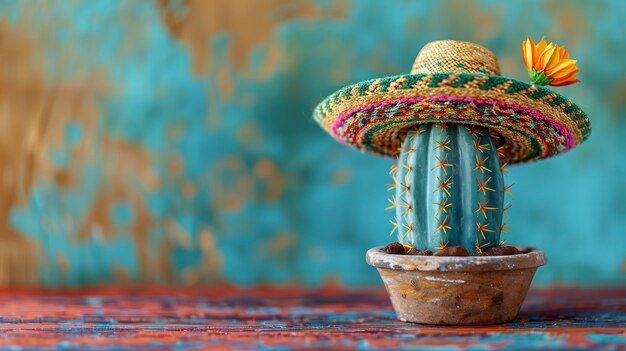 Photo cactus in a pot wearing a mexican hat on red wooden table cinco de mayo festival theme