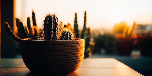 A cactus pot with a sunset in the background