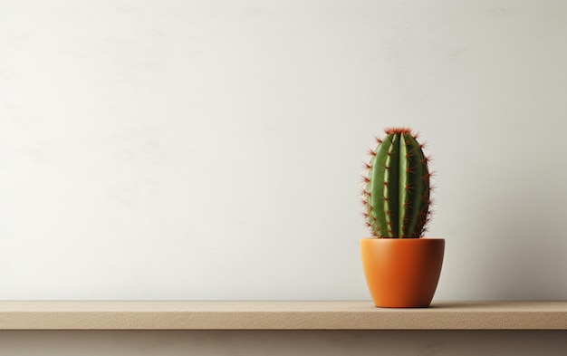 Cactus on a shelf by a blank wall background