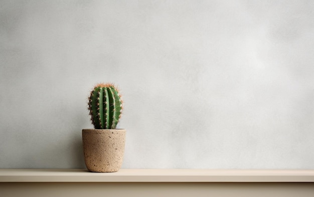 Cactus on a shelf by a blank wall background