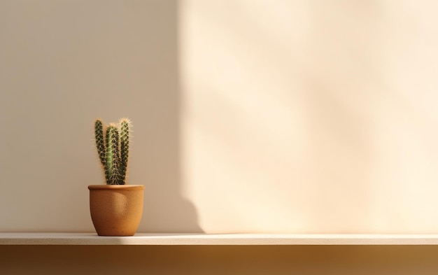 Cactus on a shelf by a blank wall background