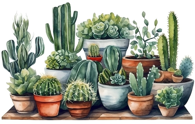 Cactus watercolor cacti plant hand drawn illustration on white background