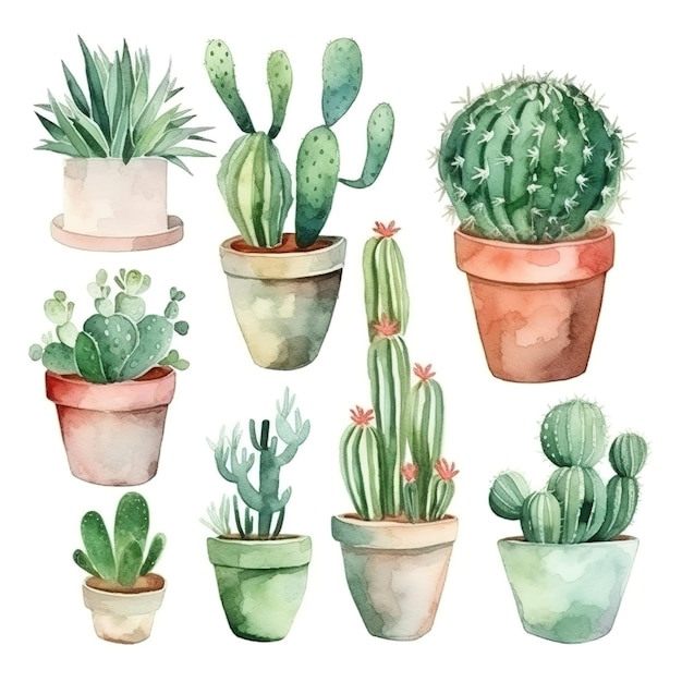 Cactus watercolor cacti plant hand drawn illustration on white background