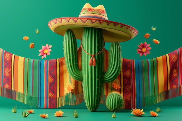 Cactus wearing traditional mexican sombrero hat on bright colorful striped background Cinco de Mayo