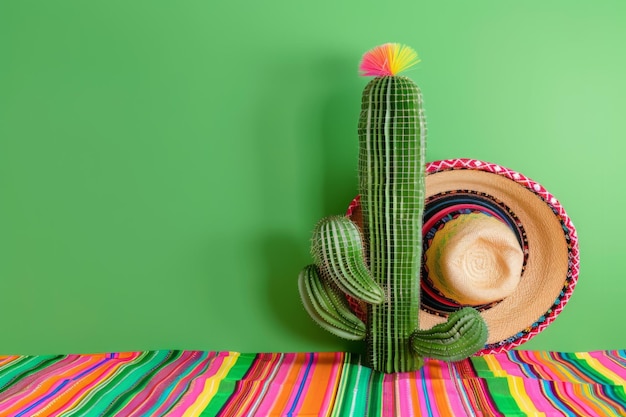 Cactus wearing traditional mexican sombrero hat on bright colorful striped background Cinco de Mayo