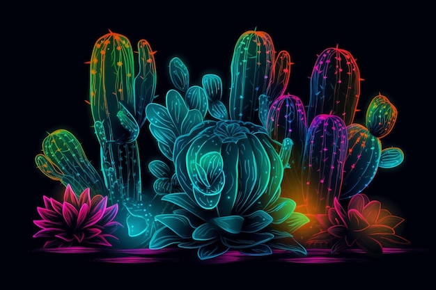 a cactus with colorful flowers and plants in the background