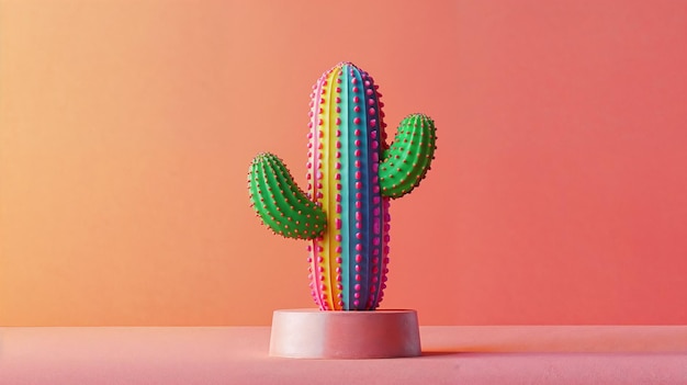 a cactus with colorful stripes is on a pink surface