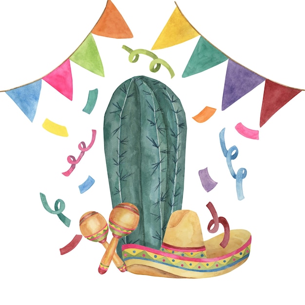 Cactus with flags maracas confetti and sombrero