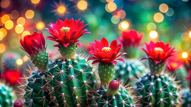 a cactus with flowers and a christmas tree behind it