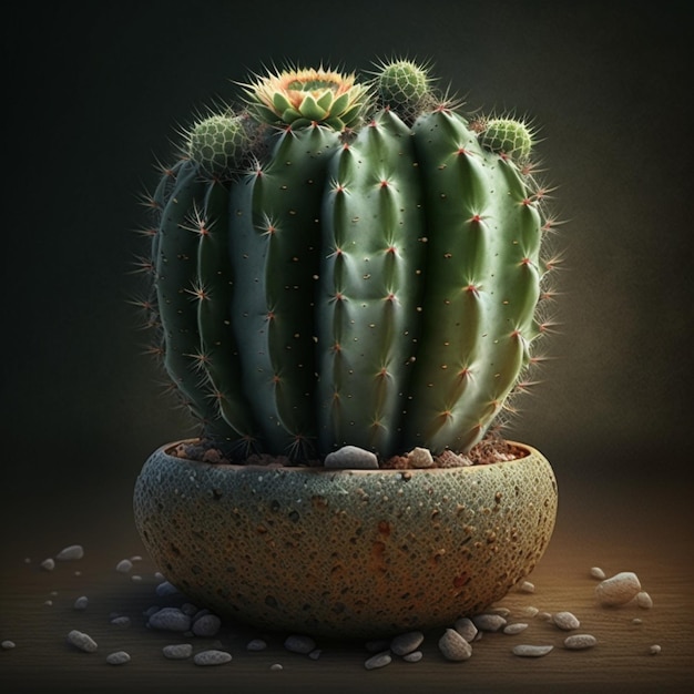 A cactus with green leaves and a light brown background.