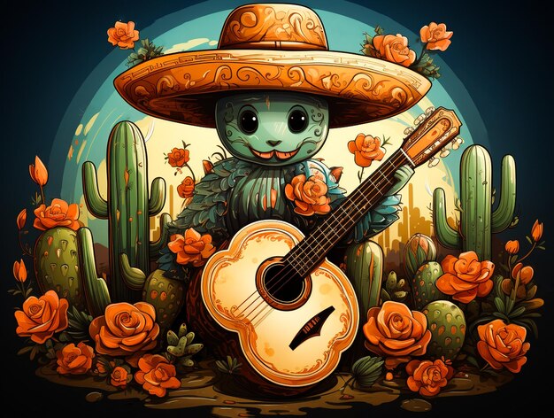 Photo a cactus with a guitar and a sombreo in a mexican hat cinco de mayo illustration