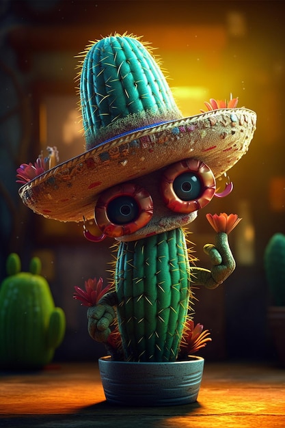 A cactus with a hat that says cactus on it