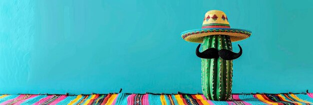 Cactus with mustache and sombrero hat on a colorful striped rug against a turquoise wall background in the style of Mexican fiesta concept