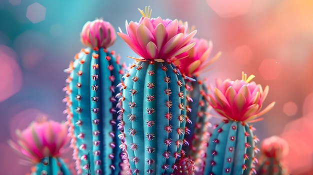 Photo a cactus with pink flowers and a blue and purple flower