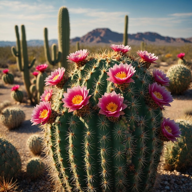 a cactus with pink flowers and a mountain in the background