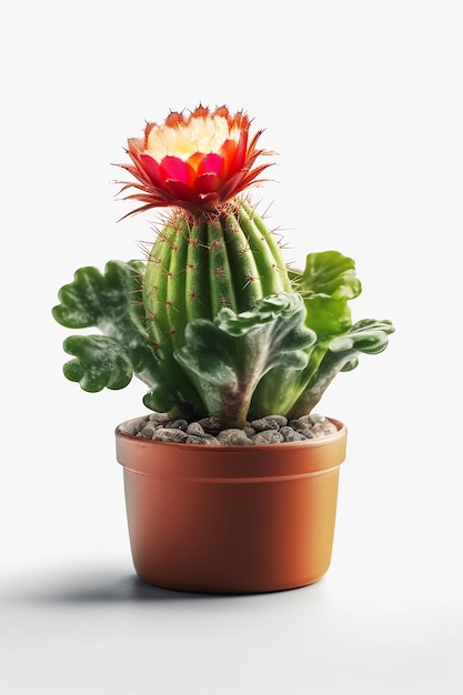 A cactus with a red flower in a pot