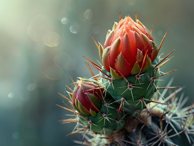 Photo a cactus with red flowers and a green background