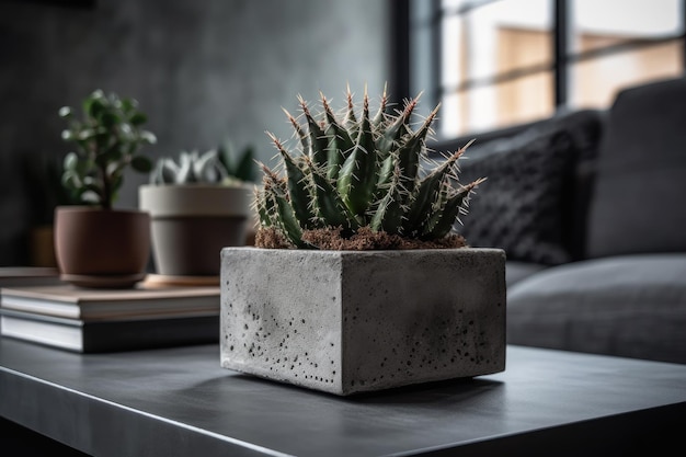 Cactus With Spiky Succulent Stems In A Trendy And Modern Concrete Planter In An Industrial Generative AI