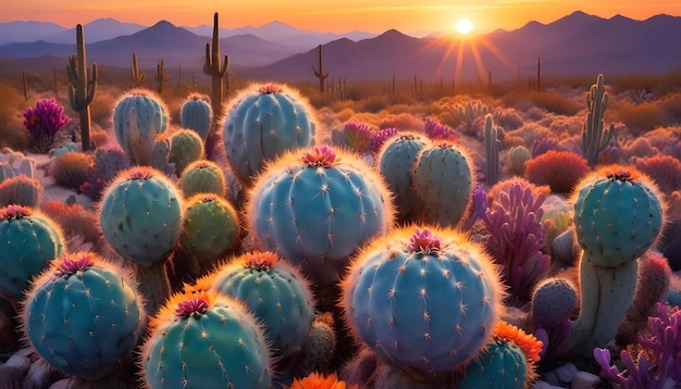 Photo cactus with the sun setting behind them