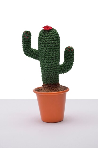 cactus with vase made of amigurumi on a neutral background